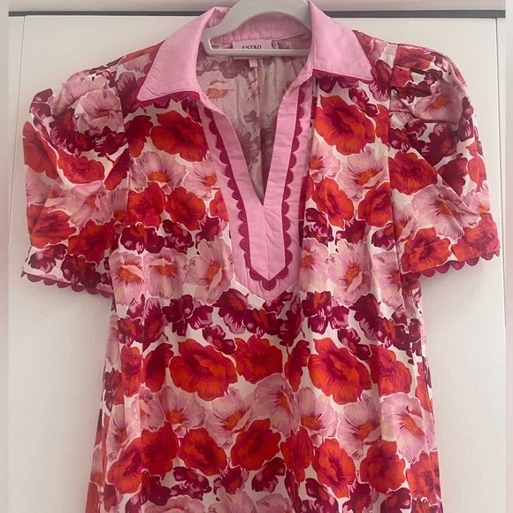 ENTRO Floral Puff Sleeve Blouse / Pink and Red/ Size M - Picture 2 of 8